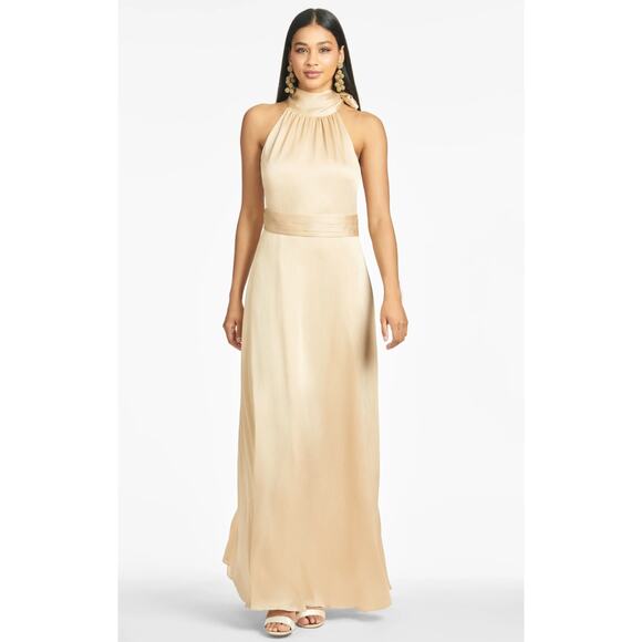 SACHIN & BABI Kayla Champagne Tie Neck Maxi Crinkle Dress Size 6 - Picture 2 of 8